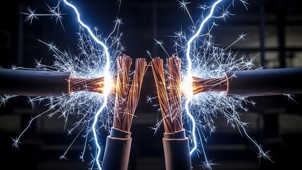 Electric cables short-circuiting with sparks and lightning in an industrial setting