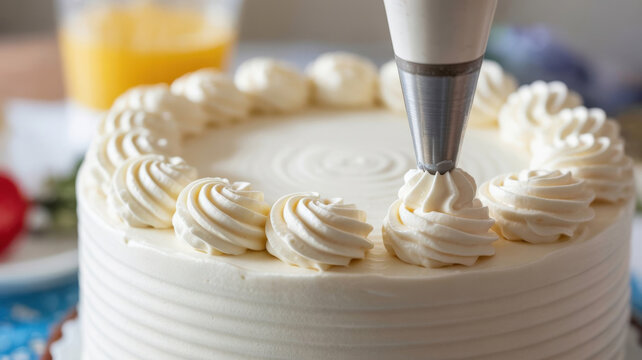 A pastry bag is used to pipe whipped cream swirls onto delicious white cake