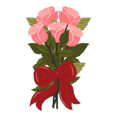 A bouquet of light pink roses with a large red bow. A set of five delicate blooms. Vector illustration on a white background.