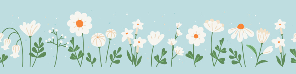 Seamless border with white wild decorative flowers