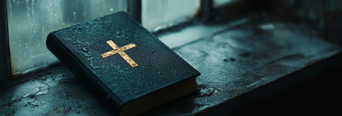 A black book of the Bible lies on the windowsill near the window in the room.