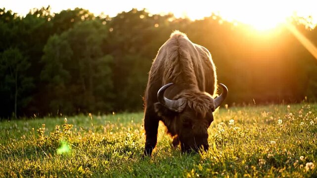 A brown bison grazes peacefully in a sunlit field surrounded by vibrant green grass under the warm glow of the setting sun. The majestic bison enjoys the serene atmosphere of nature's beauty.