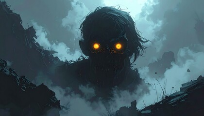 Monstrous figure with glowing eyes emerges from the foggy landscape