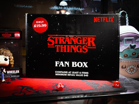 Stranger Things Official Merch, Netflix Streaming Service Branding Fan Box, HMV Store, London, UK - December 2025