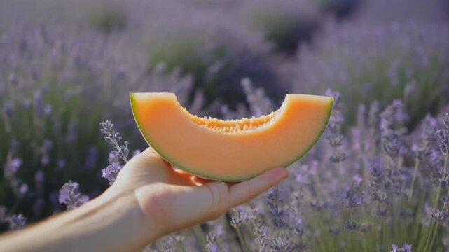 Person holding a juicy slice of cantaloupe melon over a blooming lavender field. Summer concept of healthy eating, fresh organic fruit and agritourism in the countryside