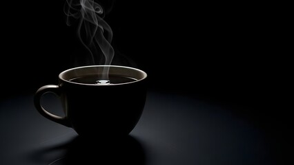 Moody still life of a coffee cup with steam, black background, cinematic lighting