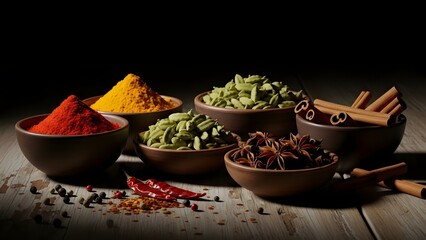 Low key still life of spices in small bowls, rustic table, shadowy atmosphere
