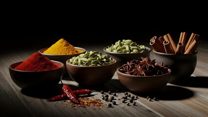 Low key still life of spices in small bowls, rustic table, shadowy atmosphere