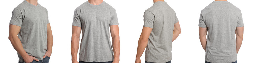 Man in blank grey t-shirt isolated on white, closeup. Collage
