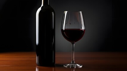 Moody still life of wine bottle and glass, dark background, elegant reflections