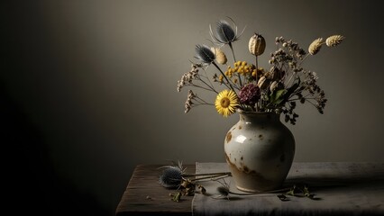 Moody still life of dried flowers in a vase, muted colors, soft shadows