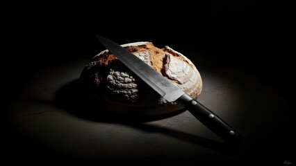 Dark still life of bread and knife on textured surface, classic chiaroscuro style