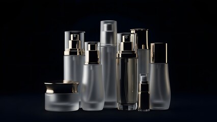 Dark still life of skincare bottles with subtle highlights, luxury beauty concept