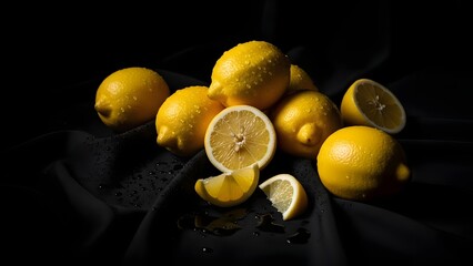 Low light still life of lemons on black fabric, dramatic composition