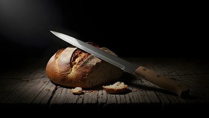 Dark still life of bread and knife on textured surface, classic chiaroscuro style