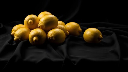Low light still life of lemons on black fabric, dramatic composition