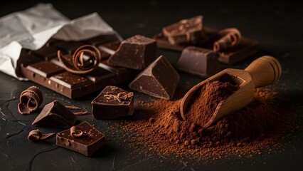 Dark still life of chocolate and cocoa powder, rich textures, low key lighting