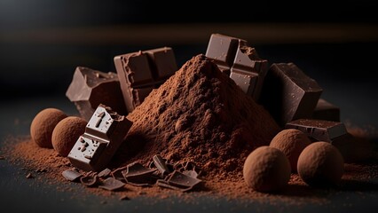Dark still life of chocolate and cocoa powder, rich textures, low key lighting