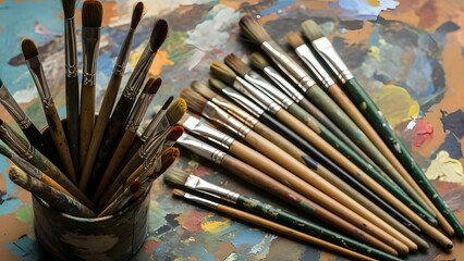 Low light still life of paint brushes and palette, artistic mood