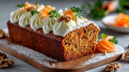 Carrot Cake Loaf With Grated Carrot Curls and Walnuts on White Surface