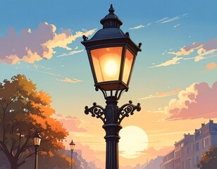 Ornate lamppost glows at dusk. Sky painted with warm colors, city blurs in the distance
