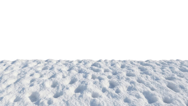 Low angle view of a snowy field with numerous small indentations, isolated on transparent background