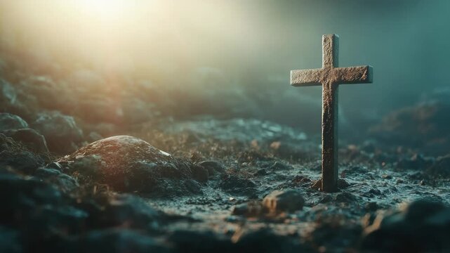 Dark, desolate scene featuring crucifix amidst debris.