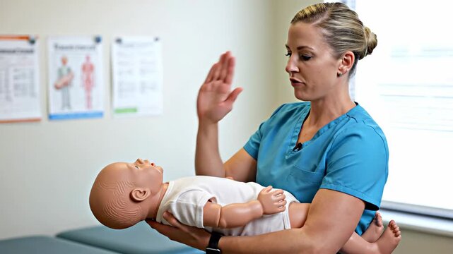 Nurse demonstrates infant first aid with baby.