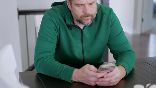 Middle Aged Man Receives an Attractive Remote Job Opportunity - SMS Text Scam to Credential Data Harvesting - Cybersecurity Education Concept