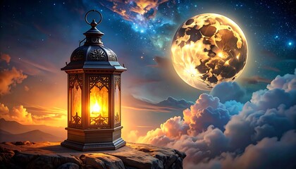 Ornate lantern glows brightly on a rocky cliff under a radiant full moon amidst swirling clouds and a starry sky