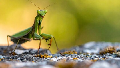 Green praying mantis sits on textured stone, facing forward against a blurred green and yellow background