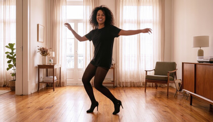 Beautiful young woman black outfit dancing samba elegant home interior happy expression playful movement fluid motion cinematic lighting modern living room luxury apartment lifestyle portrait