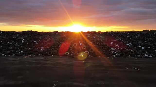 A large pile of discarded tires sits against a backdrop of a vivid sunset, creating a striking contrast in the landscape. The sunset illuminates the pile, highlighting the various shapes of the tires.
