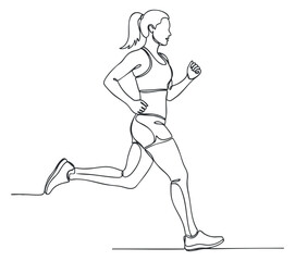 Fototapeta premium A continuous line drawing of a woman running in a sporty outfit, minimalist vector style, suitable for fitness and health-related projects