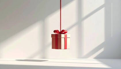 Gift box suspended by a red ribbon, casting soft shadows on a white wall in sunlight