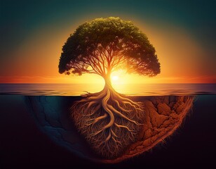 a sunrise behind a tree with visible root system exposed half above half below earth stylized cutaway composition