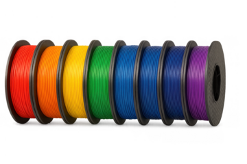 Numerous coiled colorful 3d printer filament spools arranged in a rainbow spectrum, ready for modern additive manufacturing