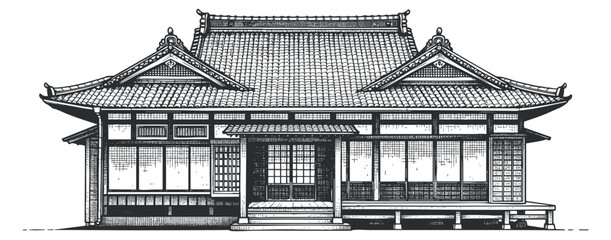 A traditional Japanese house illustration in detailed black and white outline vector style, ideal for architectural design projects