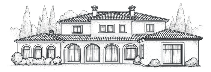 Fototapeta premium A detailed illustration of a modern residential house in line art vector style, suitable for architectural designs and home planning