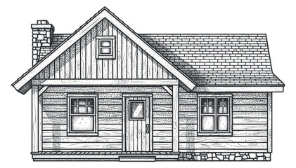 A detailed sketch of a wooden cottage house in black and white line art style, suitable for architectural design projects