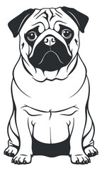 Obraz premium A cartoon-style illustration of a cute pug dog sitting in black and white vector style, perfect for pet-themed designs