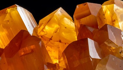 Jagged, amber-colored crystal formations, close-up, against a black background, with varying degrees of translucence