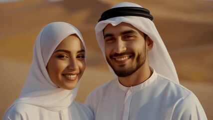 A smiling Arab couple stands together in traditional attire, posing closely in a warm desert landscape.