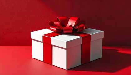 Gift box with red ribbon on red