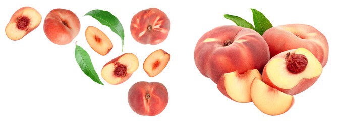 Ripe chinese flat peach fruit and half with leaf isolated on white background. Top view. Flat lay © kolesnikovserg
