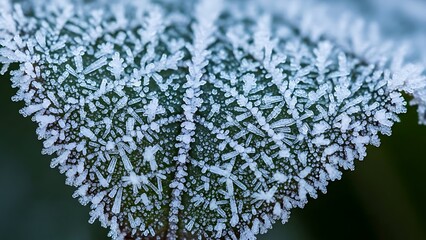 Close-up view of a vibrant green leaf covered in delicate, intricate white frost patterns, showcasing nature's winter artistry.