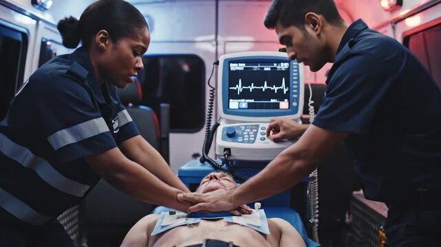 Paramedic performs CPR on patient inside an ambulance, monitoring the vital signs
