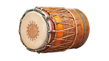 Traditional Indian dhol drum with colorful handcrafted patterns, cultural percussion musical instrument used in festivals ceremonies celebrations isolated on white background