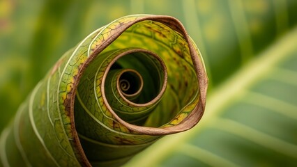 Close-up of a vibrant green leaf unfurling in a perfect spiral, showcasing nature's intricate patterns and organic beauty.