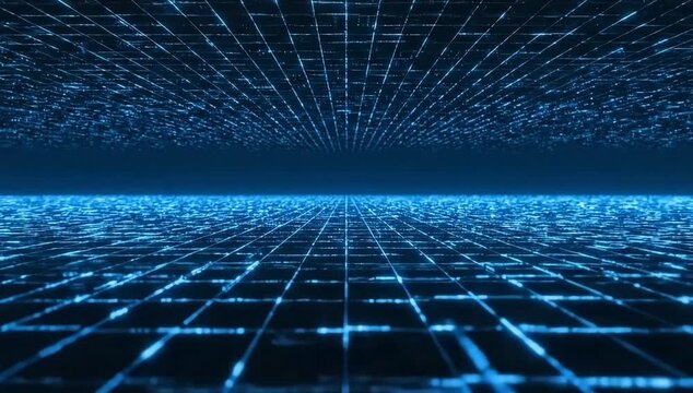 Realistic futuristic grid background with glowing lines and subtle motion, modern technology style, dark blue tones, cinematic lighting, seamless loop